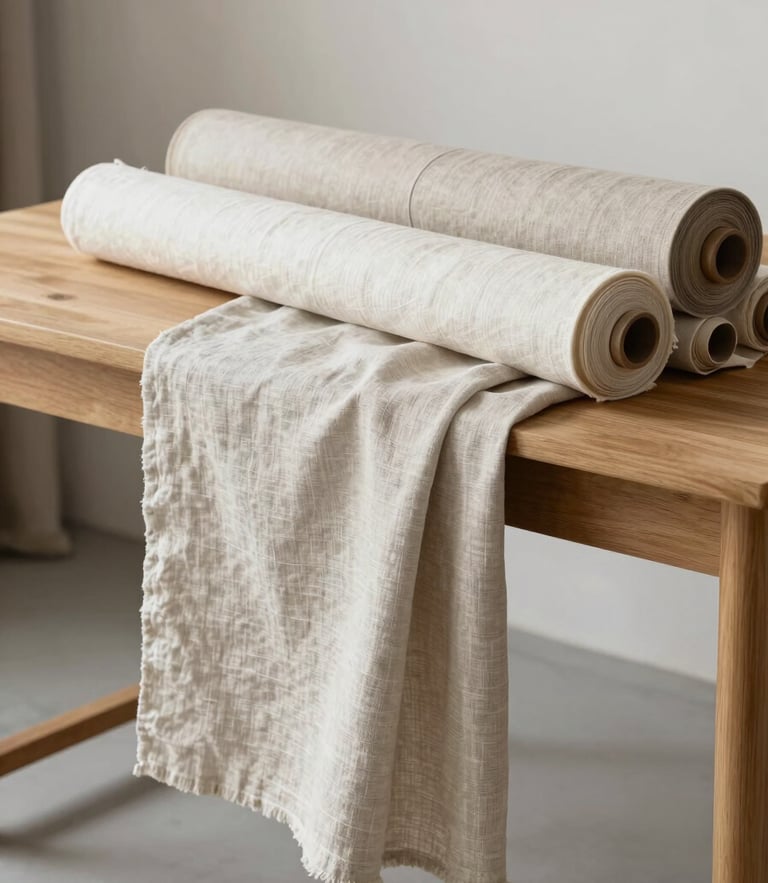 Soft diffused daylight illuminating rolls of neutral linen and cotton fabrics draped over a minimalist wooden worktable in a bright design studio.