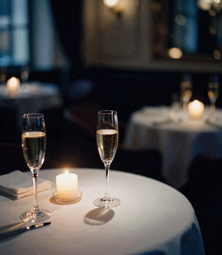An elegant, dimly lit historic hotel lounge in Allier, warm candlelight casting soft shadows on champagne glasses, editorial film photography style, shallow depth of field, 35mm