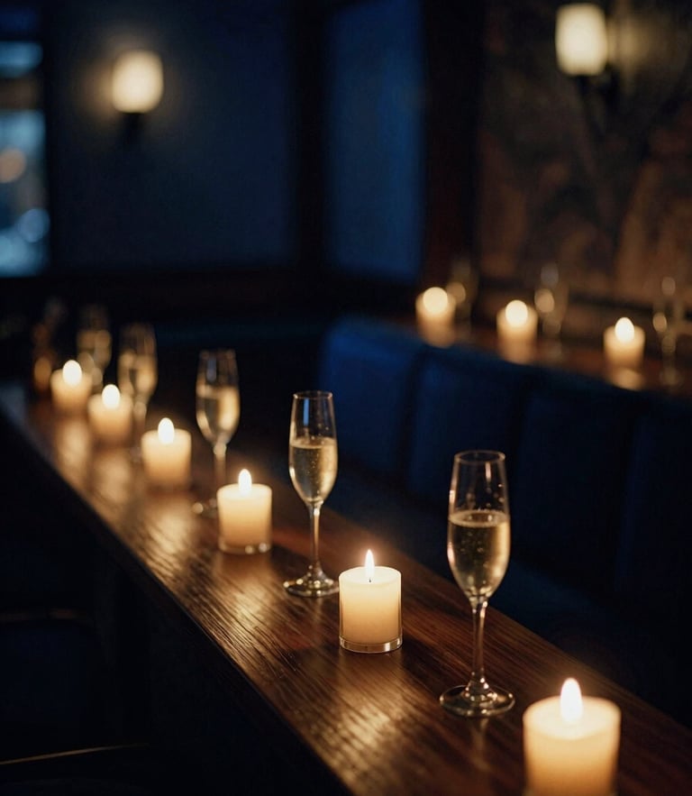 Elegant dimly lit hotel lounge interior, warm candlelight, deep midnight blue shadows, champagne gold highlights, shallow depth of field, 35mm
