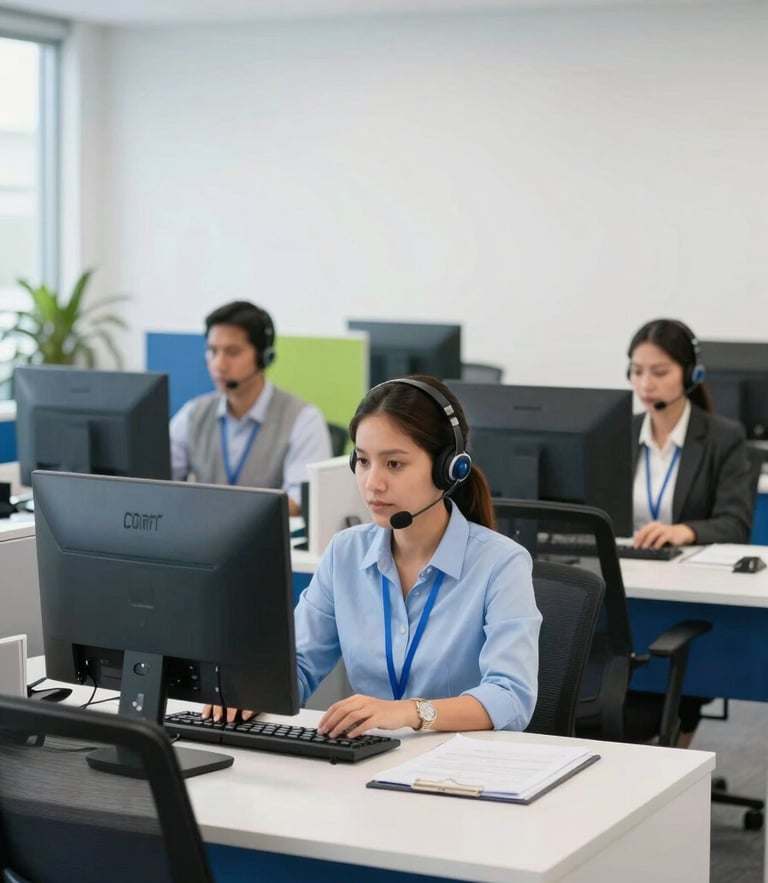 Bright daylight logistics office in Mexico, organized desks, professional customer service team, clean corporate blue tones, 35mm lens