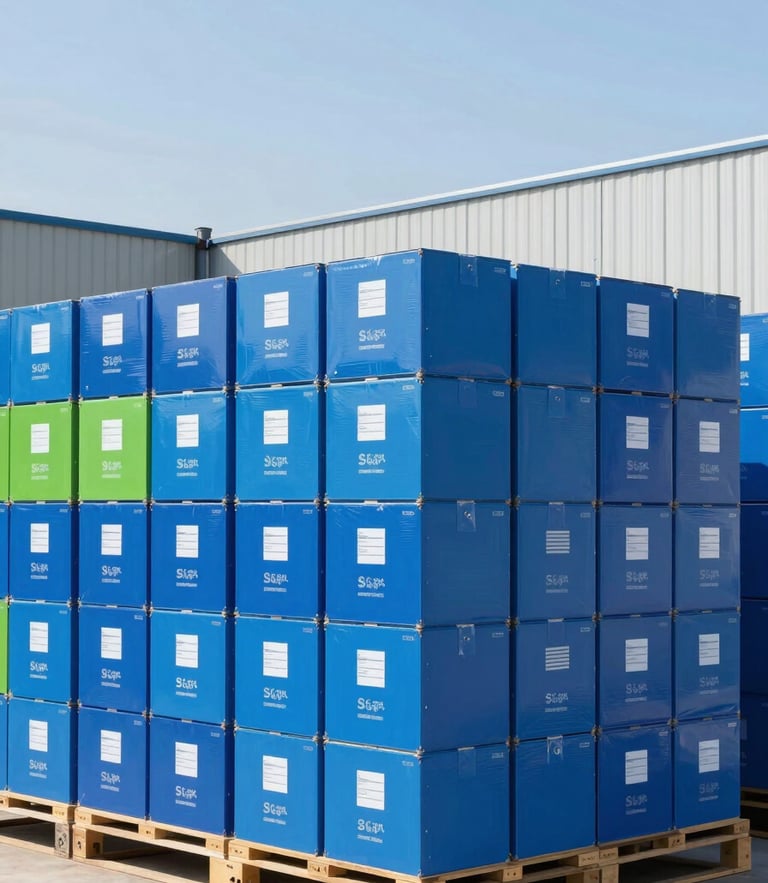 Bright commercial photography of a modern organized logistics warehouse in Mexico, neatly stacked master boxes, daylight, clean corporate blue tones, sharp focus, 35mm lens