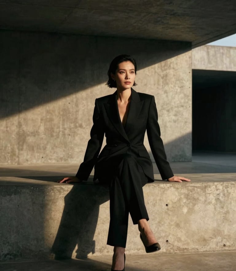 Cinematic editorial portrait of a female executive in a sharp black blazer, sitting in a minimalist architectural concrete space, dramatic low-key lighting with deep shadows, 35mm.
