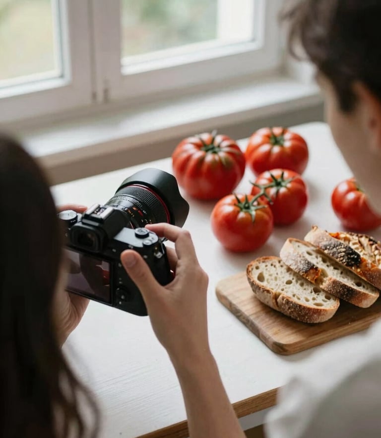 A warm, candid over-the-shoulder shot of a photographer adjusting a camera lens over an overhead table spread of fresh heirloom tomatoes and sourdough bread, soft natural window light, 35mm.