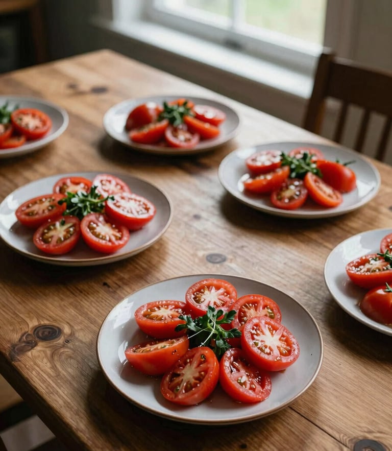 Overhead editorial shot of a rustic wooden dining table with plates of fresh heirloom tomato salad, warm natural window light, deep crimson tones, 35mm photography