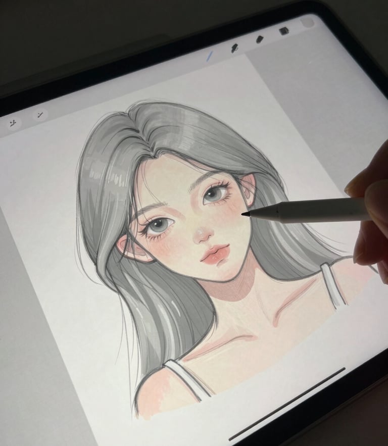 Close-up of a digital tablet screen showing a character sketch in progress, stylus resting on the glass, soft ambient room lighting, cool slate gray tones.