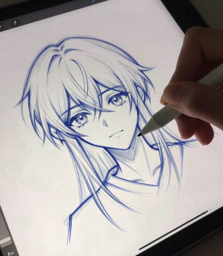 Close-up of a digital drawing tablet screen with messy blue sketch lines of an anime character, soft room lighting, hands holding a stylus