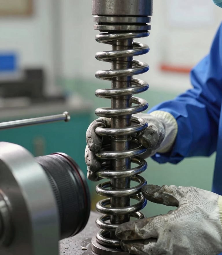 A close-up of a heavy-duty steel torsion spring being safely wound by a technician wearing protective gloves and a clean blue uniform, bright daylight.