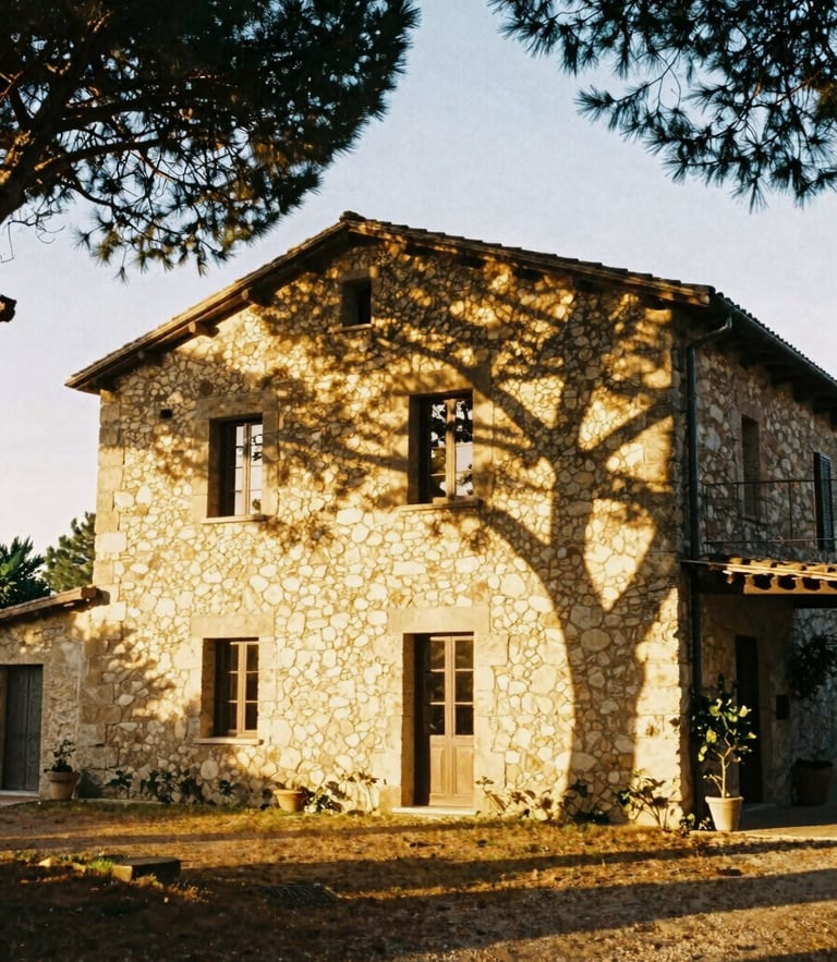 Dappled sunlight filtering through pine trees onto the ancient stone facade of a Catalan country house, warm golden hour light, 35mm film style.