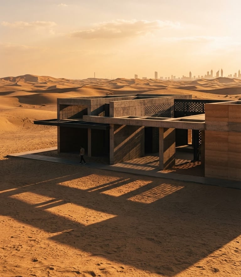 Warm editorial photograph of a minimalist architectural pavilion in the Dubai desert at golden hour, deep sand tones, sharp geometric shadows, 35mm