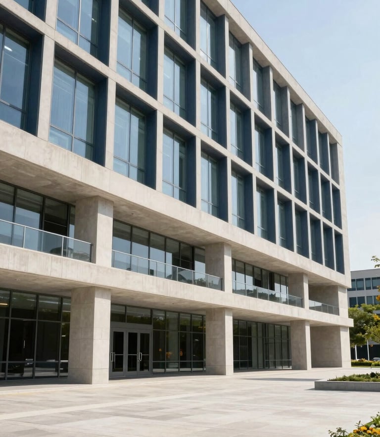 Crisp editorial photography of a modern government building exterior with clean geometric lines, bright natural daylight, structured concrete and glass architecture, wide environmental shot.