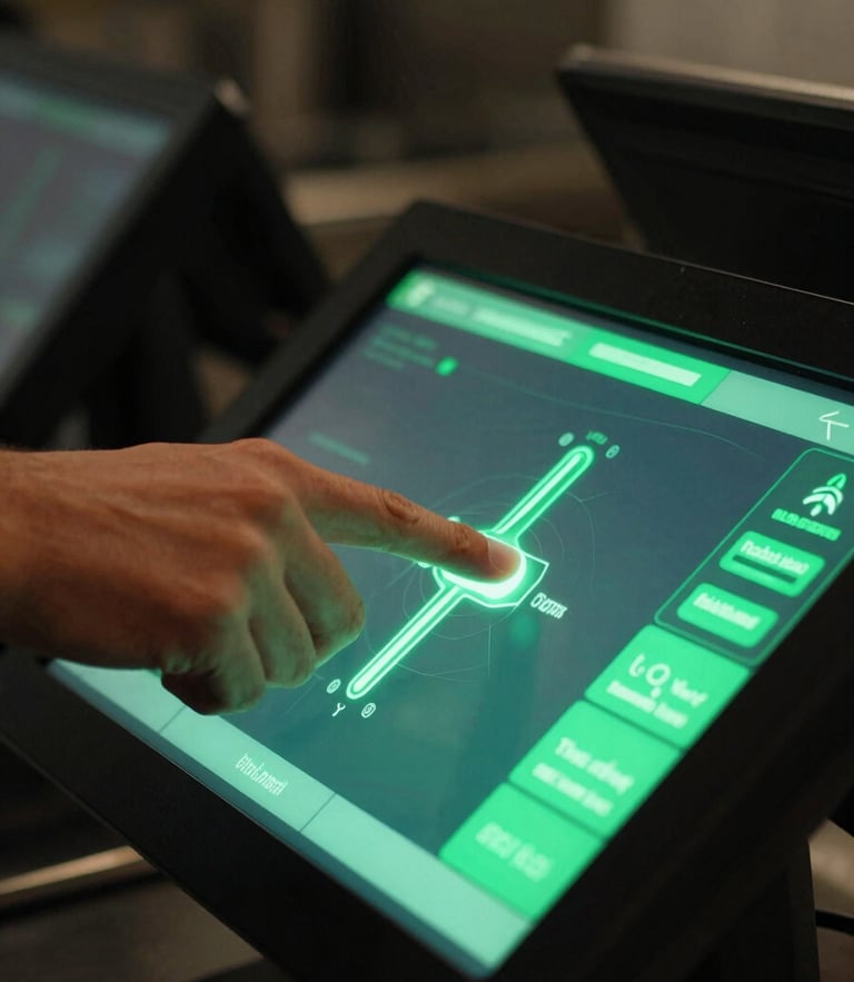 Tight macro shot of a hand interacting with a glowing touchscreen POS interface inside a busy restaurant kitchen, moody low-key lighting, sharp neon green interface details, high contrast, 35mm lens