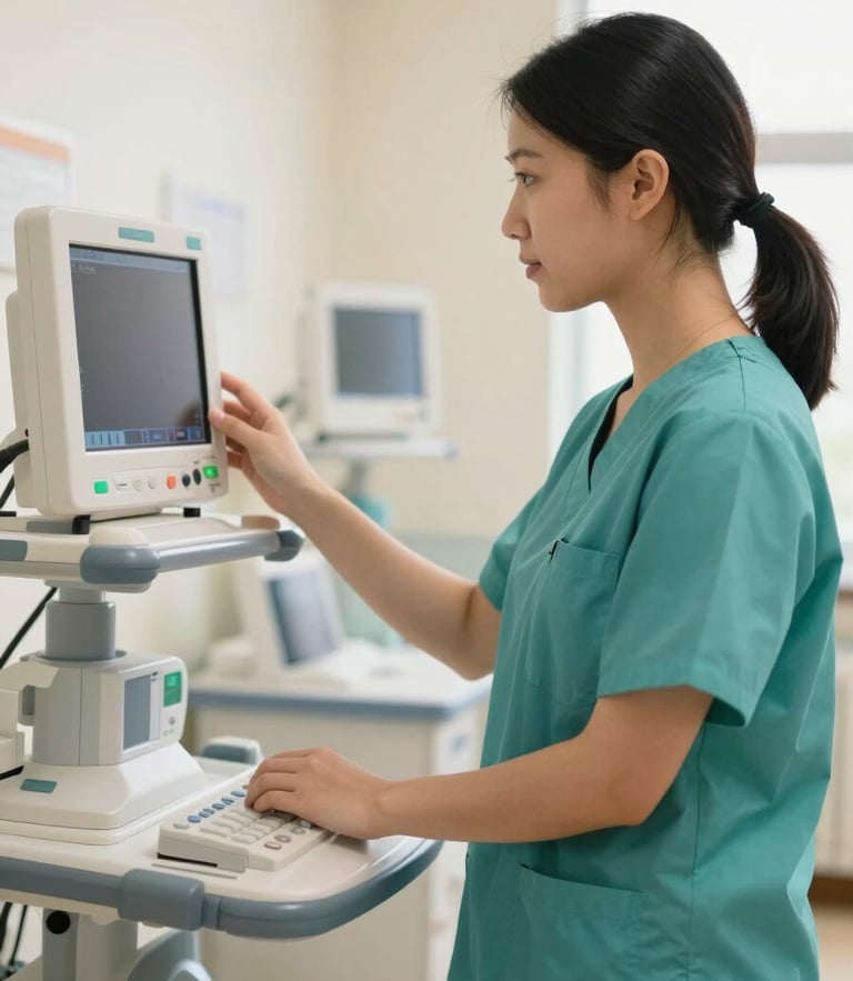 A medium close-up of a nursing student in clean teal scrubs adjusting a clinical monitor in a bright modern simulation lab, warm editorial lighting, soft depth of field.