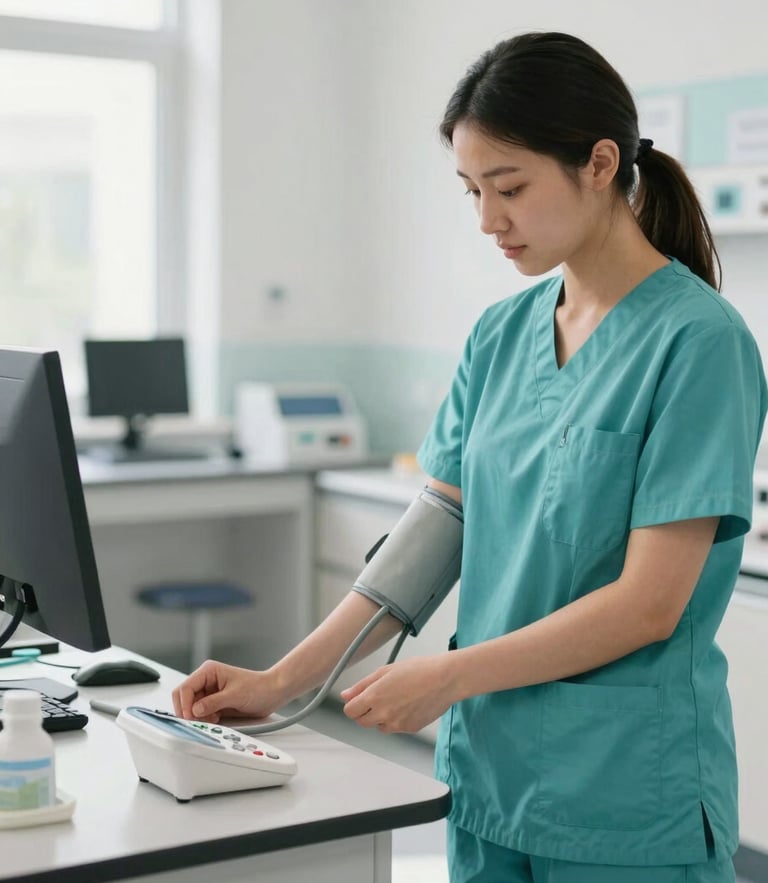 A focused nursing student in clean teal scrubs adjusting a blood pressure cuff in a bright, modern simulation lab, warm editorial style, 35mm.