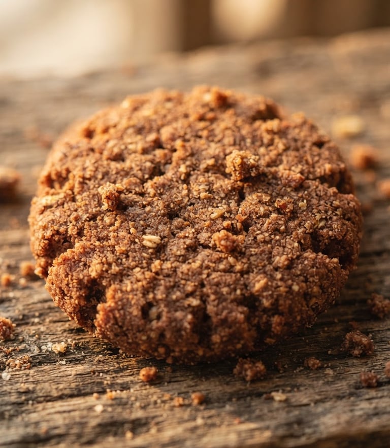 Macro shot of a textured ragi cookie with visible crumbs on a rustic wooden board, soft golden-hour window light, warm terracotta tones.