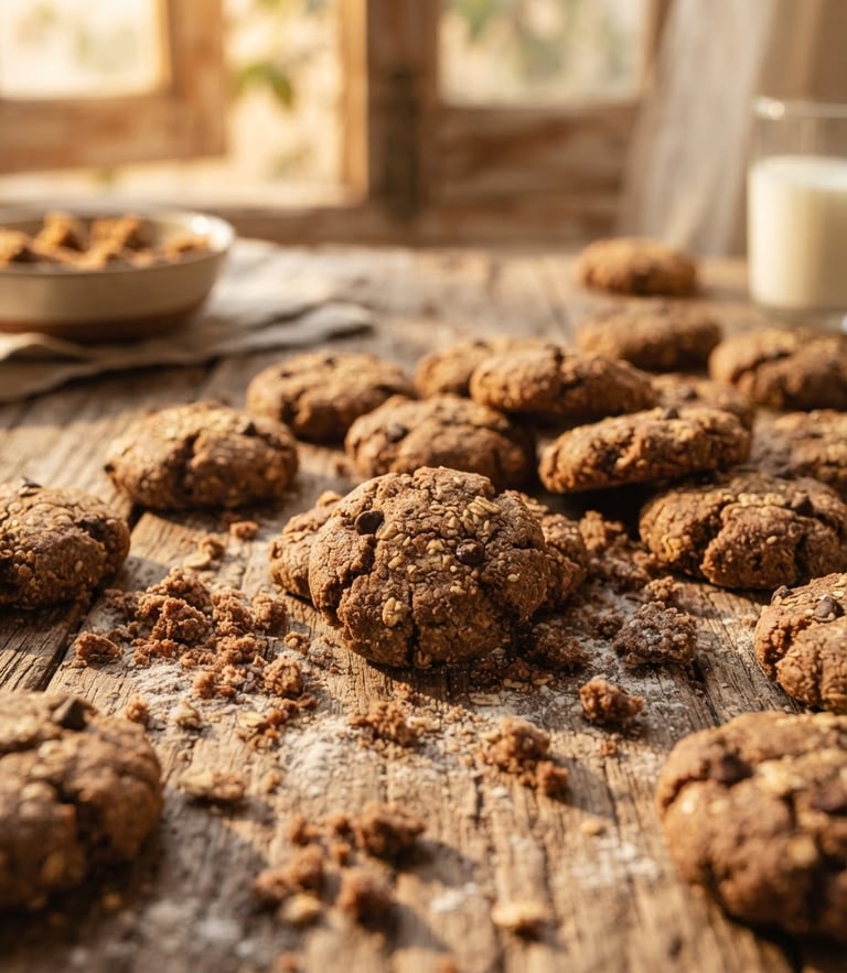A rustic wooden table with freshly baked ragi cookies, crumbs scattered around, warm golden-hour window light casting long soft shadows, macro depth of field.