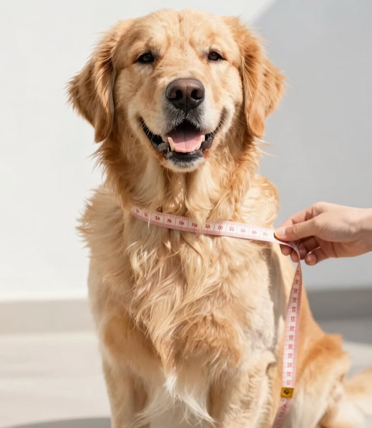 A cheerful Golden Retriever sitting calmly while a soft measuring tape gently measures its chest, bright natural daylight, warm tones.
