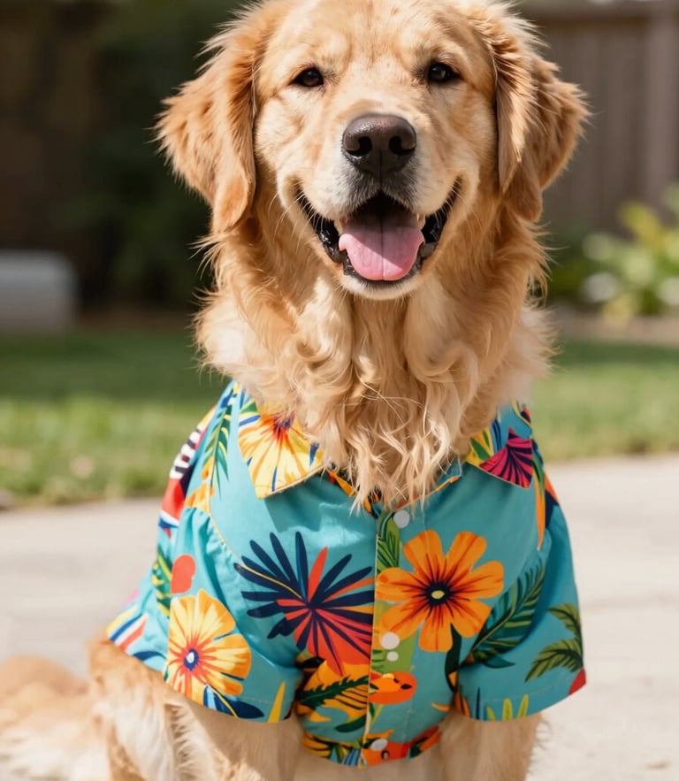 Vibrant pet photography, a happy golden retriever wearing a colorful tropical shirt sitting in bright natural daylight, eye-level shot
