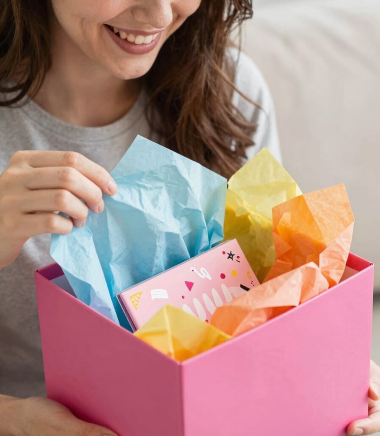 Overhead shot of a happy young woman laughing while opening a bright pink custom gift box filled with colorful tissue paper and personalized details, warm natural daylight