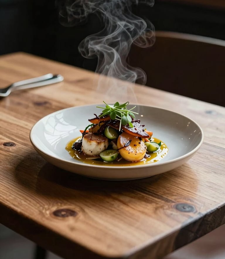 Close-up of a rustic wooden restaurant table with soft side-lighting, steam rising from a freshly plated dish, cozy Scandinavian shadows.