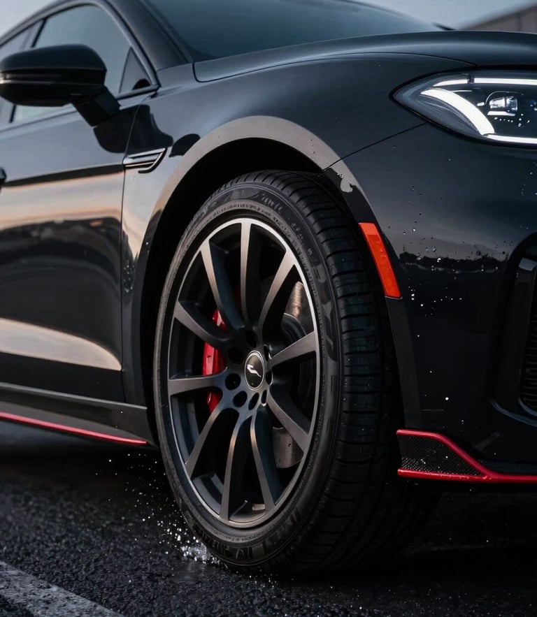 Sleek modern sedan driving on wet asphalt at twilight, sharp focus on the high-performance tire tread kicking up water droplets, dramatic high-contrast automotive photography