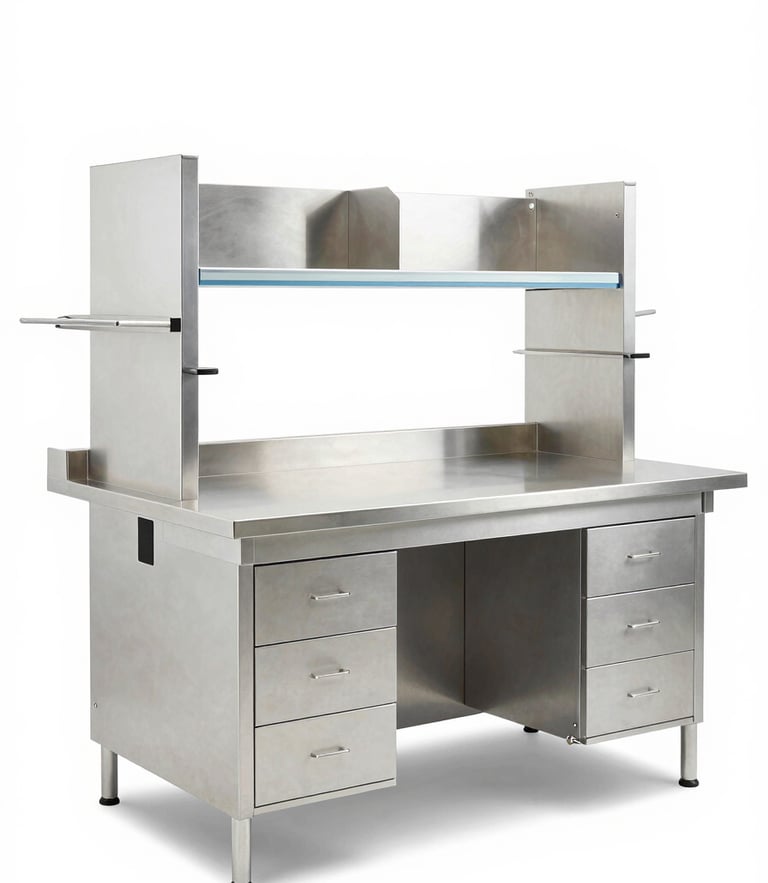Pristine custom stainless steel worktable inside a bright clinical laboratory, high-key white light, sterile metallic tones, architectural 35mm