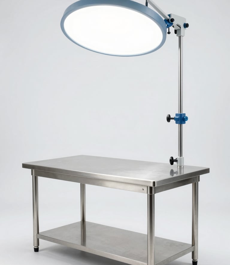 Clean clinical photography, bright high-key studio light, a custom stainless steel laboratory worktable in an immaculate empty cleanroom, sharp focus, architectural 35mm