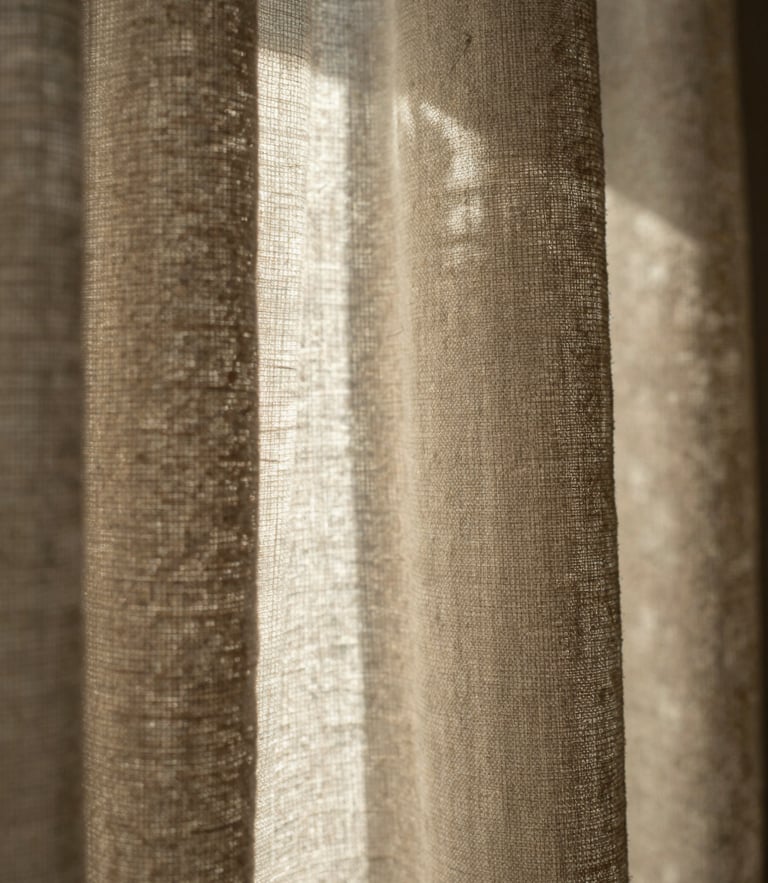 Macro detail shot of heavy oatmeal linen drapery catching dramatic raking window light, showing dense weave texture, warm desaturated earth tones, 35mm.