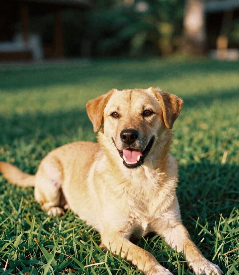 Warm editorial photography of a happy rescued dog basking in the golden-hour Bali sun on lush green grass, 35mm film look