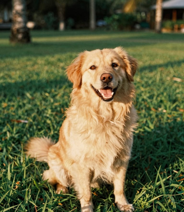 Eye-level shot of a happy golden Bali dog sitting in lush green grass, warm golden-hour tropical sunlight, soft natural shadows, 35mm film look
