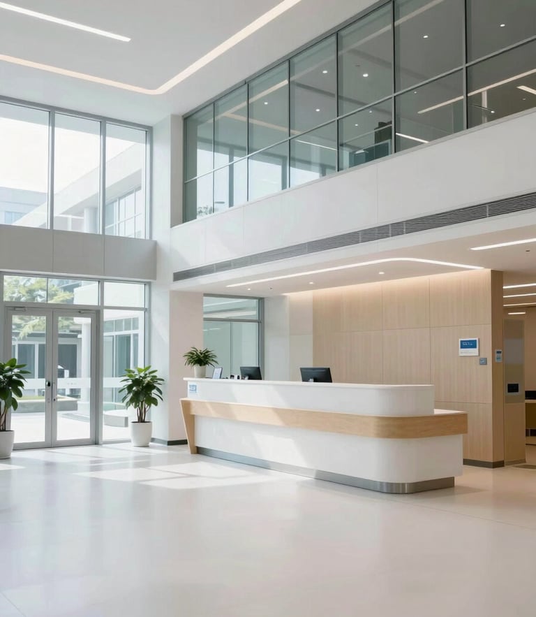 Bright modern hospital lobby with clean white floors, glass architectural elements, and professional reception desk under clinical daylight.