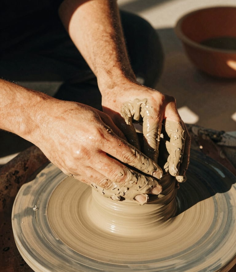 Warm, medium close-up of hands molding clay together in an intergenerational workshop, golden-hour light, rich textures, 35mm film.