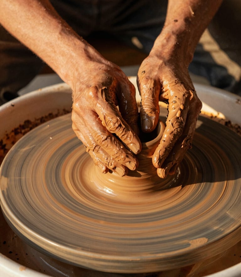 A medium close-up of hands molding warm terracotta clay on a pottery wheel, soft golden hour light highlighting textures, 35mm film style.