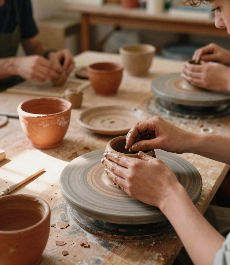 Warm natural light streaming into a bustling community art studio, hands molding clay on a wooden table, terracotta textures, 35mm film.