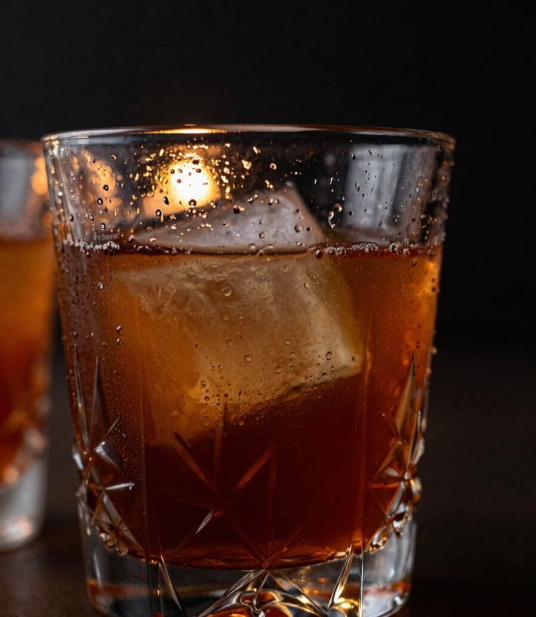 Moody close-up of condensation on heavy crystal glassware containing a dark amber cocktail, candlelight glow, dramatic low-key side lighting, extreme shallow depth of field, 35mm
