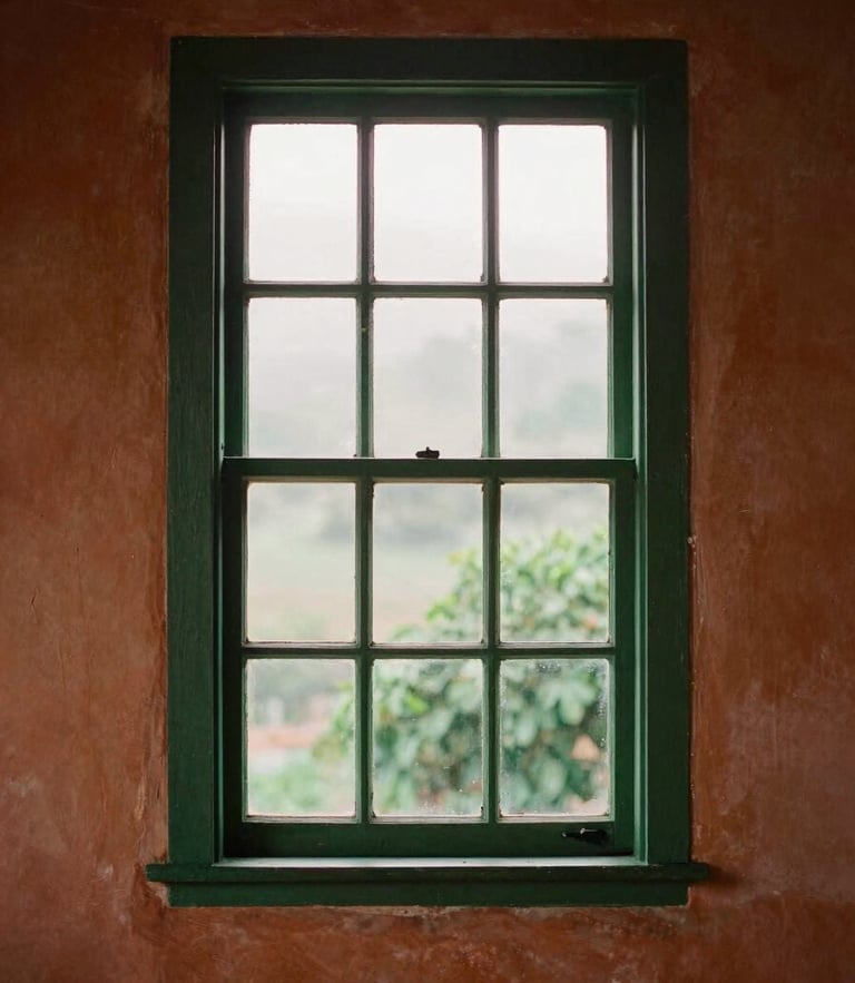Warm editorial travel photography of a colonial window in Bananeiras, soft misty morning light, terracotta and forest green tones, 35mm film aesthetic