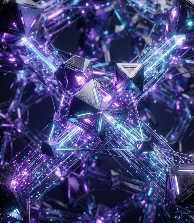 Macro close-up of glowing 3D geometric nodes representing secure data flow, electric violet and cool blue ambient lighting, hyper-detailed metallic textures