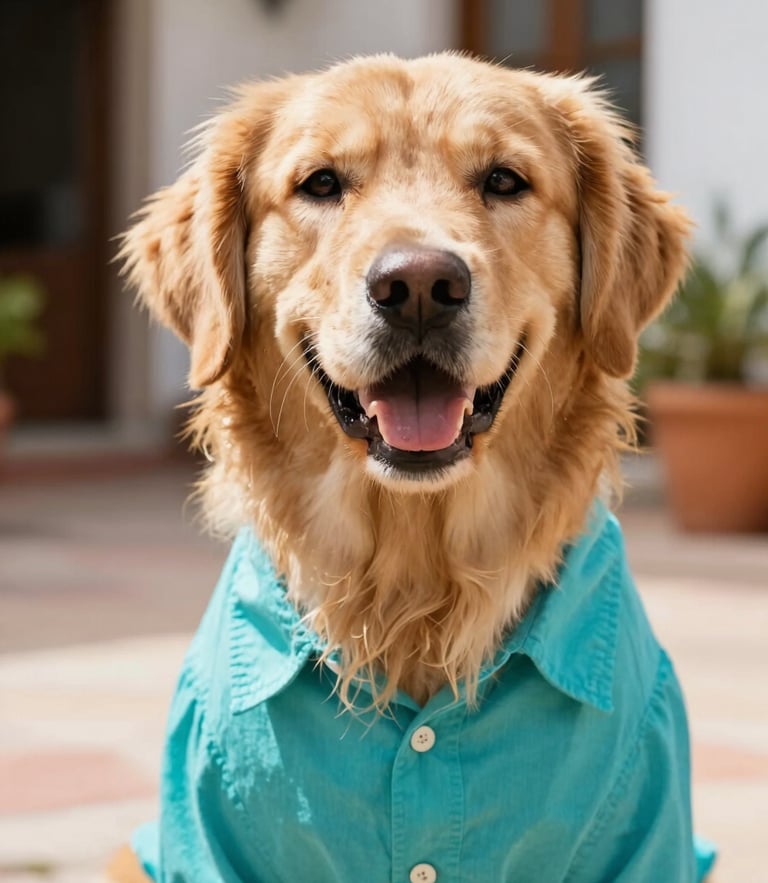 Close-up eye-level portrait of a happy golden retriever wearing a vibrant turquoise cotton shirt, sitting in a sunlit Mexican patio, warm editorial photography, 35mm