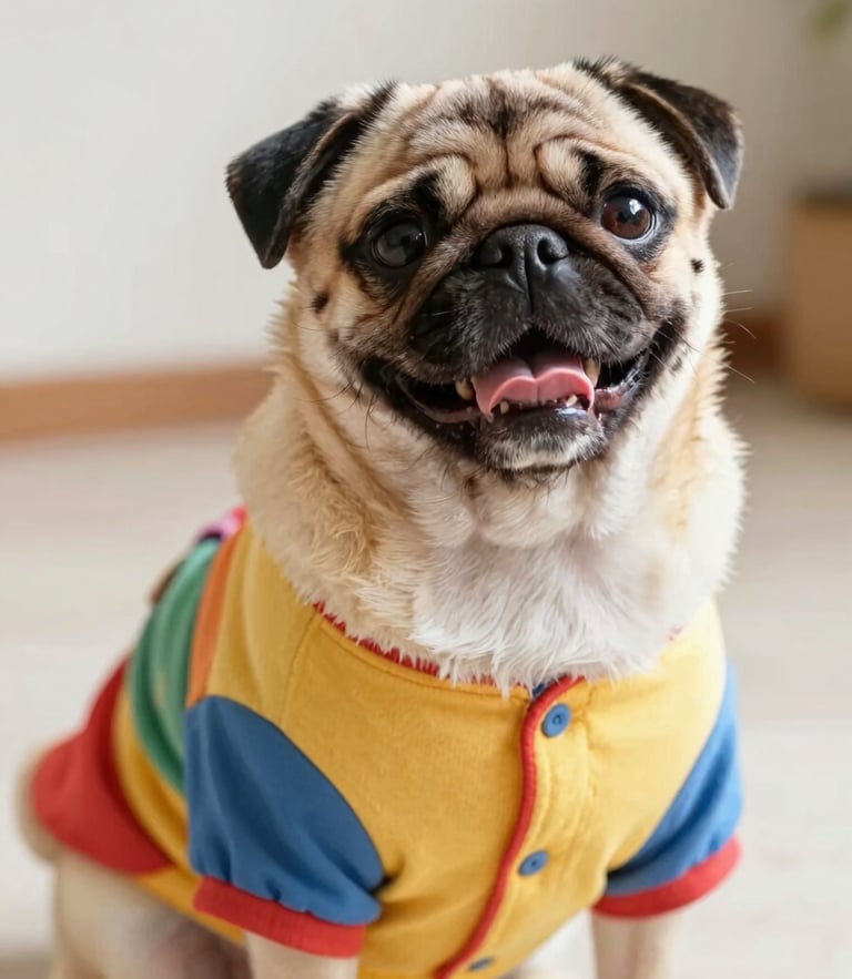 Warm editorial photography of a happy pug wearing a colorful handmade shirt, soft natural daylight, eye-level portrait, shallow depth of field