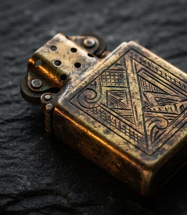 Extreme macro shot of a heavily patinated solid brass lighter with deep-groove engraving, weathered metallic luster, catching dramatic side-light on dark slate.