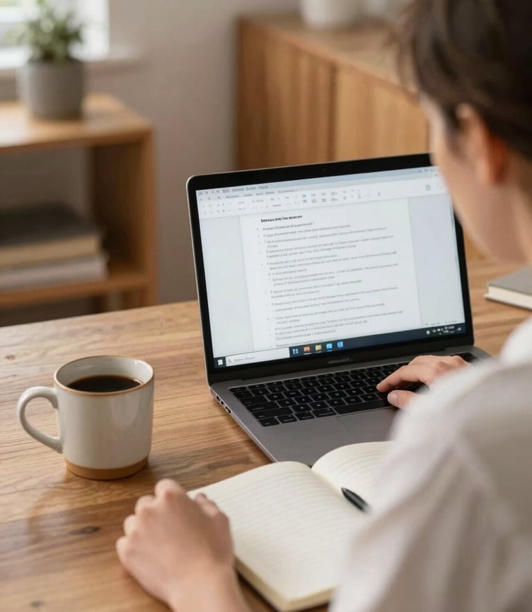 Over-the-shoulder shot of a teacher in a warm, cozy home office with a ceramic coffee mug, notebook, and natural light, reviewing course materials on a clean laptop screen.