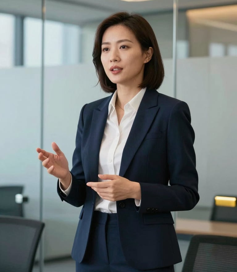 Medium environmental portrait of a confident corporate female executive gesturing during a high-stakes presentation, modern glass boardroom background, sharp studio lighting, cool blue tones with warm golden highlights, 50mm