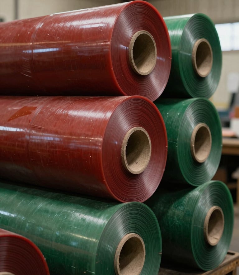 Industrial documentary photography of high-strength plastic rolls stacked in a warm factory workshop, deep crimson and forest green tones, 35mm lens, natural light