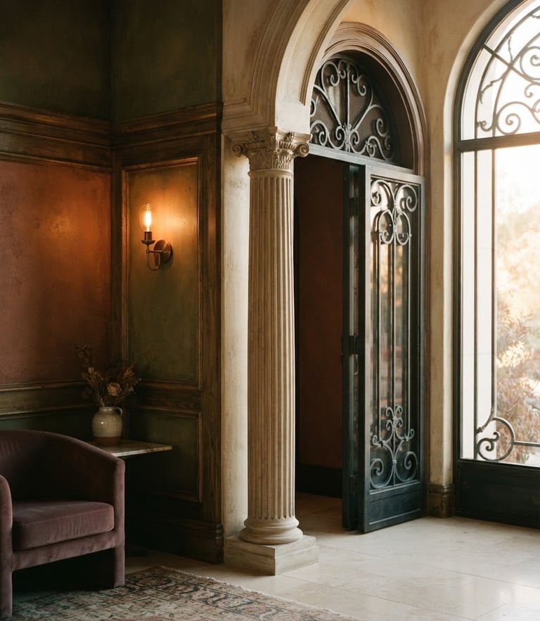A beautifully lit architectural detail of a luxury hotel lobby, warm golden hour window light, rich muted tones, 35mm film