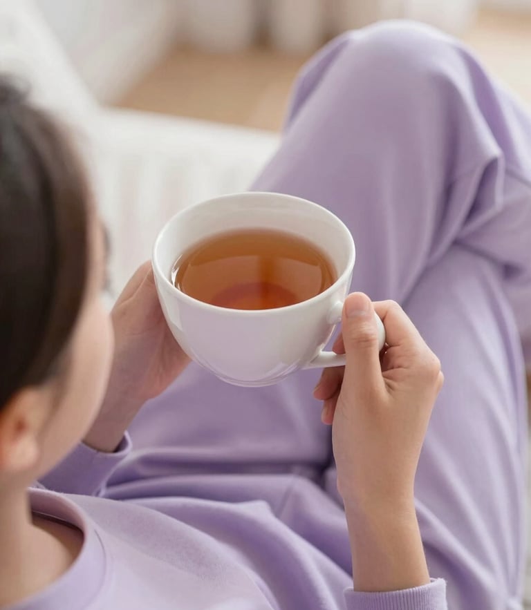 A single person relaxing at home with a warm cup of tea, soft morning daylight, shallow depth of field, lilac undertones