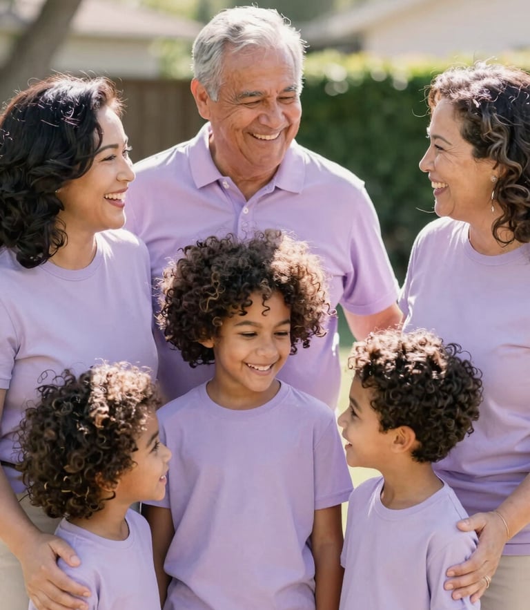 Candid lifestyle portrait of a multi-generational mixed-race family laughing together in a sun-drenched backyard, soft warm daylight, light lilac color cast, shallow depth of field