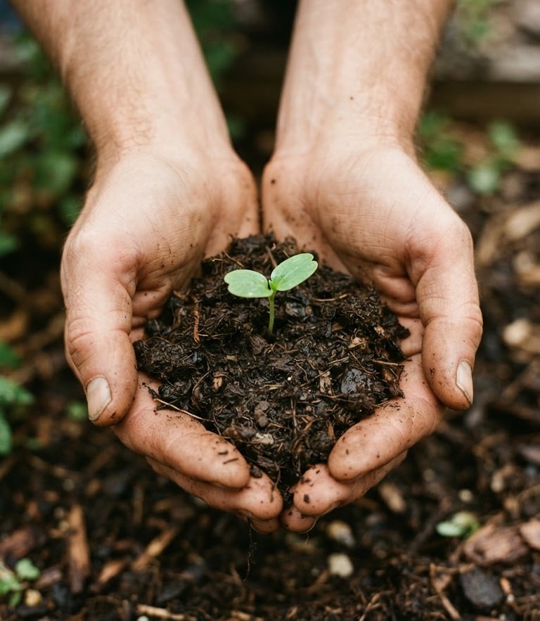 Hands holding organic soil with a small green sprout, soft overcast natural daylight, warm documentary style, 35mm film grain