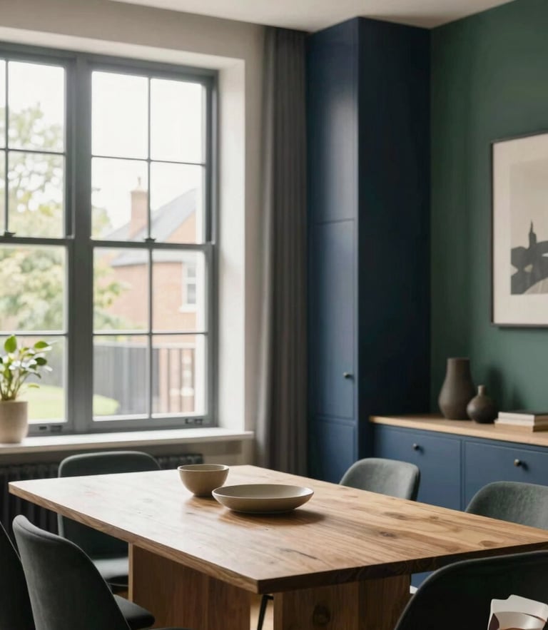 A bright, beautifully staged modern UK townhouse interior with large windows, soft natural daylight illuminating a clean dining area, high-end architectural finishes.