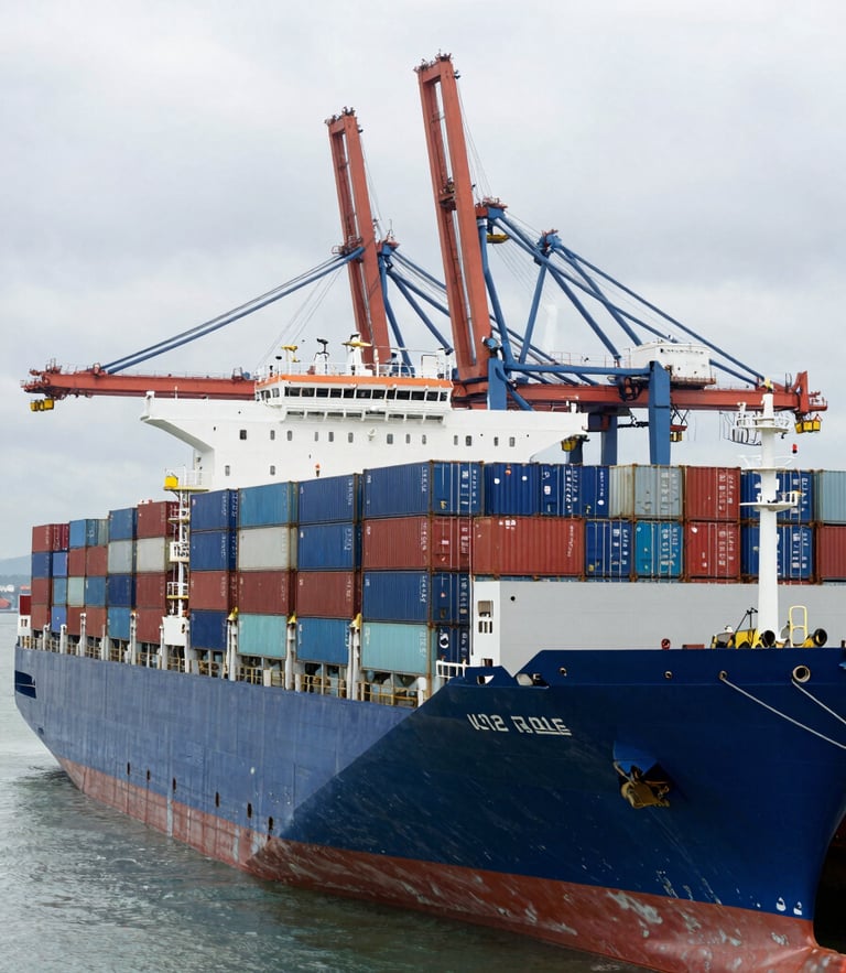 Wide environmental shot of a massive container ship docked at Port Klang under overcast maritime skies, stacked with blue and red containers, heavy harbor cranes in the background.