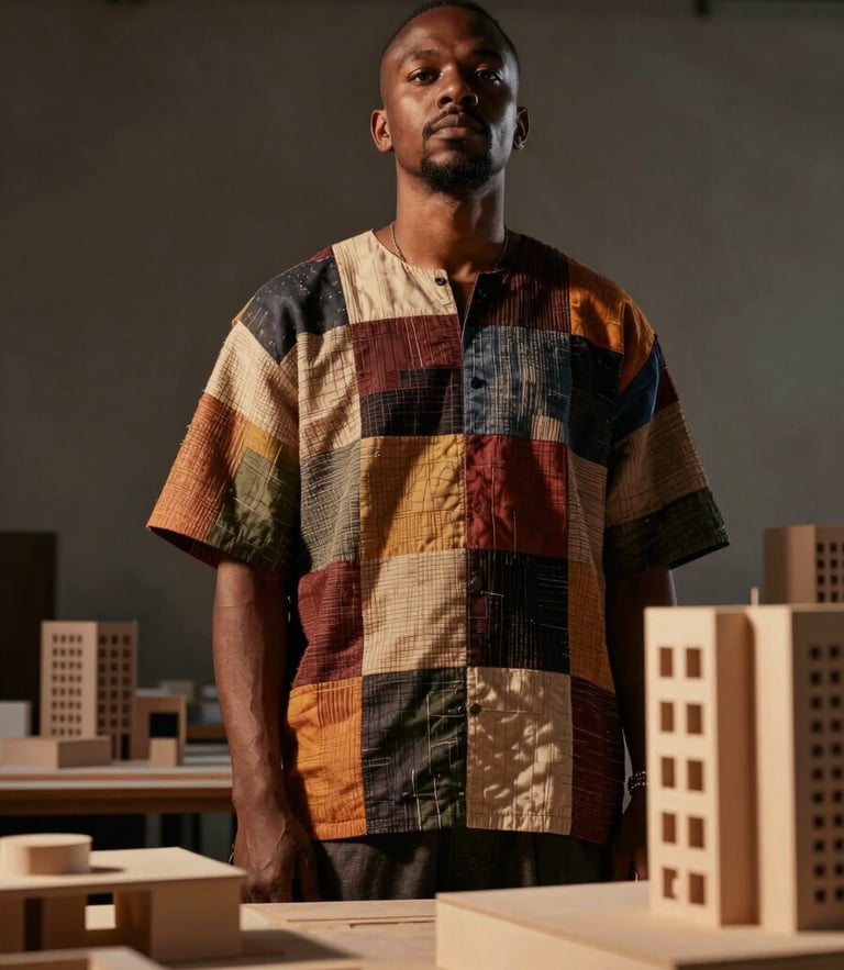 Low-angle portrait of a Black Brazilian architect in a dark brutalist studio, wearing a structured patchwork garment, surrounded by architectural models and warm amber light casting dramatic shadows.