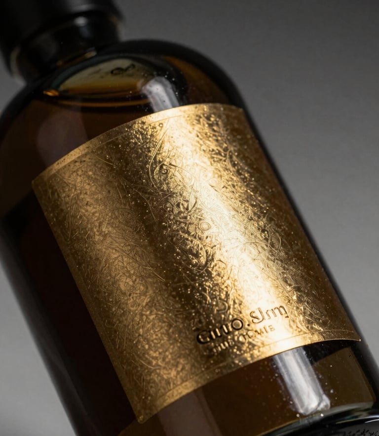 Premium studio product photography, elegant glass bottle with gold embossed label, dramatic side-lighting, deep shadows